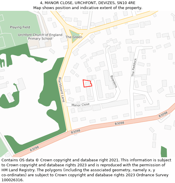 4, MANOR CLOSE, URCHFONT, DEVIZES, SN10 4RE: Location map and indicative extent of plot