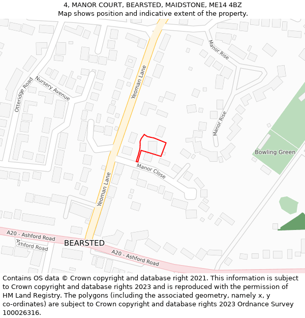 4, MANOR COURT, BEARSTED, MAIDSTONE, ME14 4BZ: Location map and indicative extent of plot