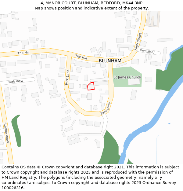 4, MANOR COURT, BLUNHAM, BEDFORD, MK44 3NP: Location map and indicative extent of plot