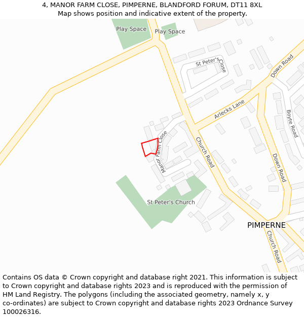 4, MANOR FARM CLOSE, PIMPERNE, BLANDFORD FORUM, DT11 8XL: Location map and indicative extent of plot