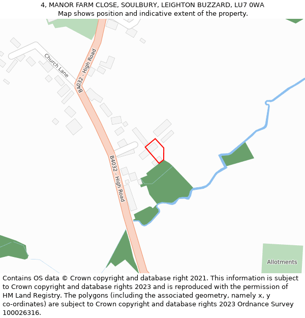 4, MANOR FARM CLOSE, SOULBURY, LEIGHTON BUZZARD, LU7 0WA: Location map and indicative extent of plot