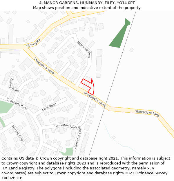 4, MANOR GARDENS, HUNMANBY, FILEY, YO14 0PT: Location map and indicative extent of plot