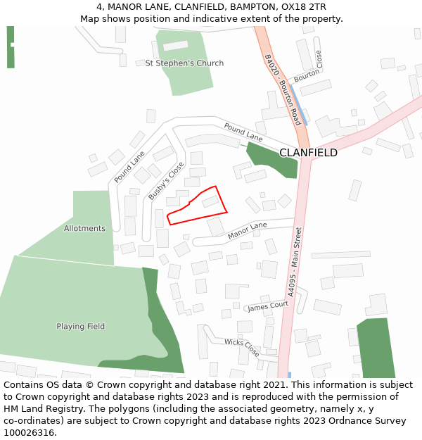 4, MANOR LANE, CLANFIELD, BAMPTON, OX18 2TR: Location map and indicative extent of plot