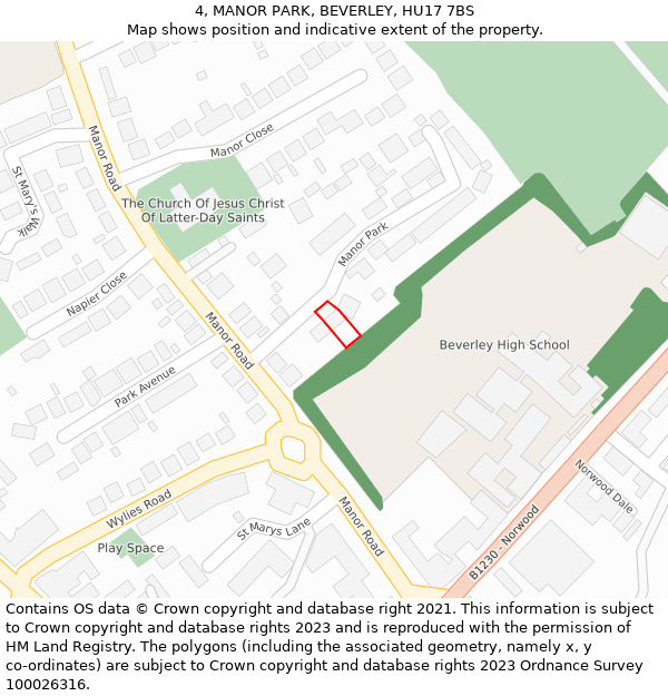 4, MANOR PARK, BEVERLEY, HU17 7BS: Location map and indicative extent of plot