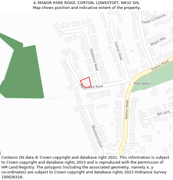 4, MANOR PARK ROAD, CORTON, LOWESTOFT, NR32 5HL: Location map and indicative extent of plot