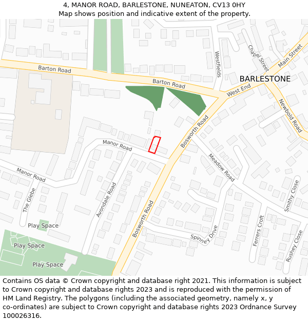 4, MANOR ROAD, BARLESTONE, NUNEATON, CV13 0HY: Location map and indicative extent of plot