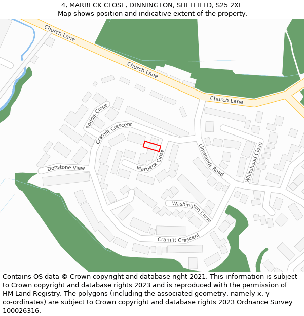 4, MARBECK CLOSE, DINNINGTON, SHEFFIELD, S25 2XL: Location map and indicative extent of plot