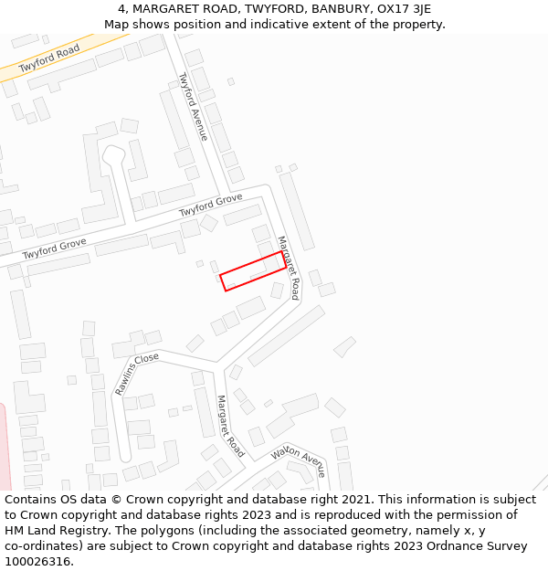 4, MARGARET ROAD, TWYFORD, BANBURY, OX17 3JE: Location map and indicative extent of plot