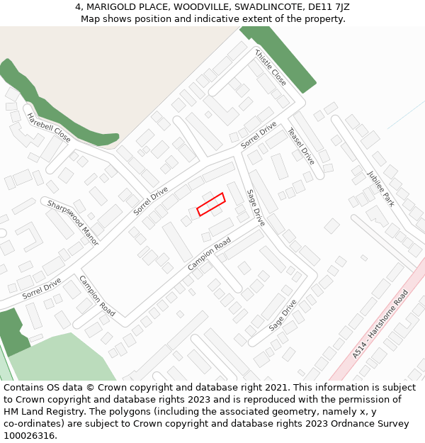4, MARIGOLD PLACE, WOODVILLE, SWADLINCOTE, DE11 7JZ: Location map and indicative extent of plot