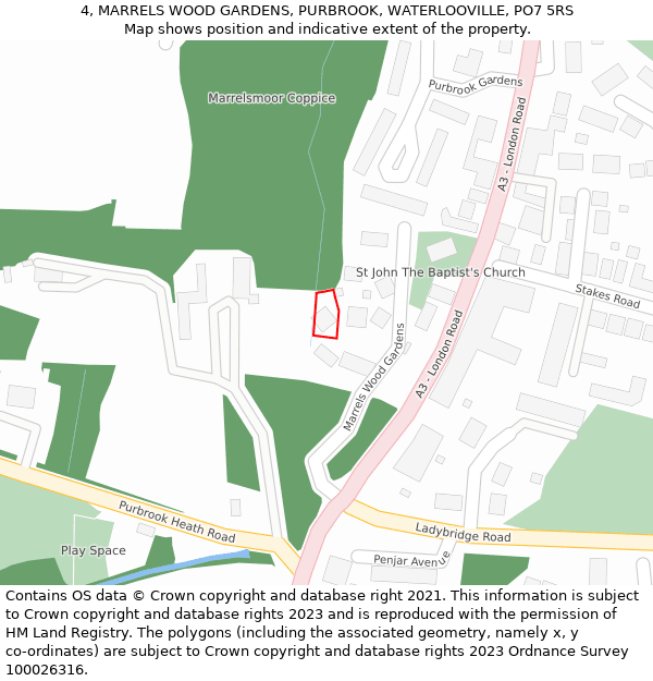 4, MARRELS WOOD GARDENS, PURBROOK, WATERLOOVILLE, PO7 5RS: Location map and indicative extent of plot