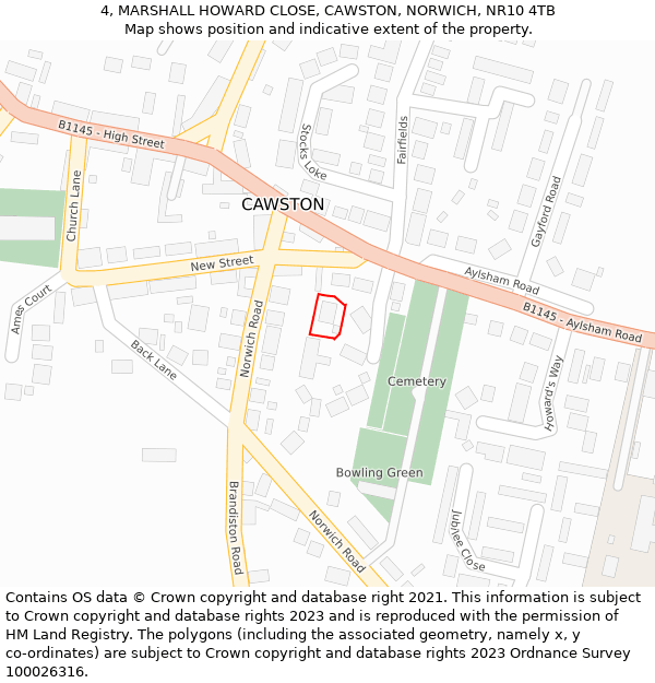 4, MARSHALL HOWARD CLOSE, CAWSTON, NORWICH, NR10 4TB: Location map and indicative extent of plot