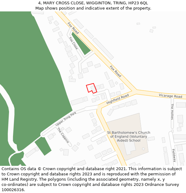 4, MARY CROSS CLOSE, WIGGINTON, TRING, HP23 6QL: Location map and indicative extent of plot