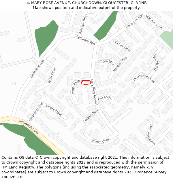 4, MARY ROSE AVENUE, CHURCHDOWN, GLOUCESTER, GL3 1NB: Location map and indicative extent of plot