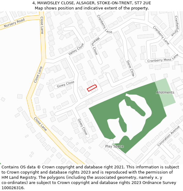 4, MAWDSLEY CLOSE, ALSAGER, STOKE-ON-TRENT, ST7 2UE: Location map and indicative extent of plot