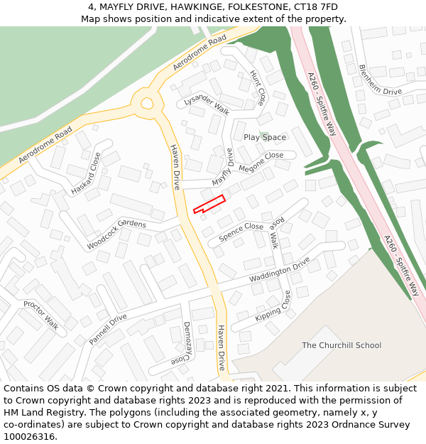 4, MAYFLY DRIVE, HAWKINGE, FOLKESTONE, CT18 7FD: Location map and indicative extent of plot