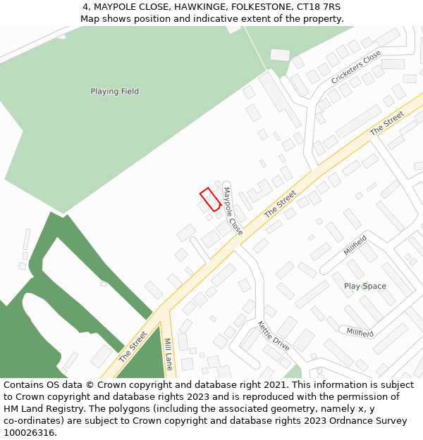 4, MAYPOLE CLOSE, HAWKINGE, FOLKESTONE, CT18 7RS: Location map and indicative extent of plot