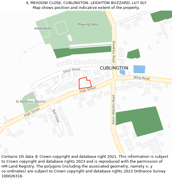 4, MEADOW CLOSE, CUBLINGTON, LEIGHTON BUZZARD, LU7 0LY: Location map and indicative extent of plot