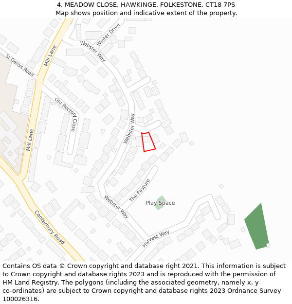 4, MEADOW CLOSE, HAWKINGE, FOLKESTONE, CT18 7PS: Location map and indicative extent of plot