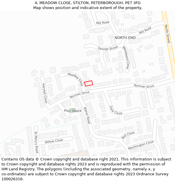 4, MEADOW CLOSE, STILTON, PETERBOROUGH, PE7 3FG: Location map and indicative extent of plot