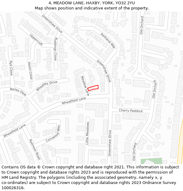 4, MEADOW LANE, HAXBY, YORK, YO32 2YU: Location map and indicative extent of plot