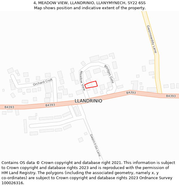 4, MEADOW VIEW, LLANDRINIO, LLANYMYNECH, SY22 6SS: Location map and indicative extent of plot