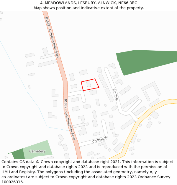 4, MEADOWLANDS, LESBURY, ALNWICK, NE66 3BG: Location map and indicative extent of plot