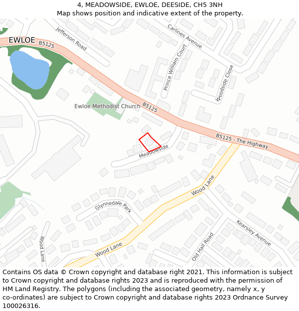 4, MEADOWSIDE, EWLOE, DEESIDE, CH5 3NH: Location map and indicative extent of plot