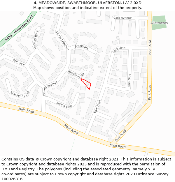 4, MEADOWSIDE, SWARTHMOOR, ULVERSTON, LA12 0XD: Location map and indicative extent of plot