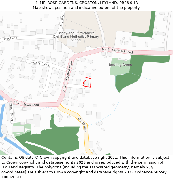 4, MELROSE GARDENS, CROSTON, LEYLAND, PR26 9HR: Location map and indicative extent of plot