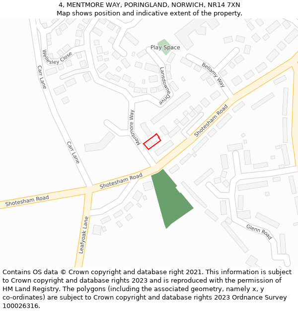 4, MENTMORE WAY, PORINGLAND, NORWICH, NR14 7XN: Location map and indicative extent of plot