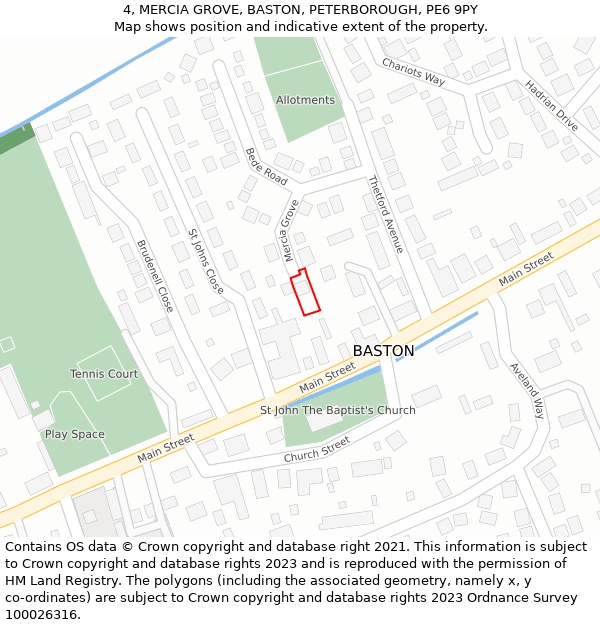 4, MERCIA GROVE, BASTON, PETERBOROUGH, PE6 9PY: Location map and indicative extent of plot