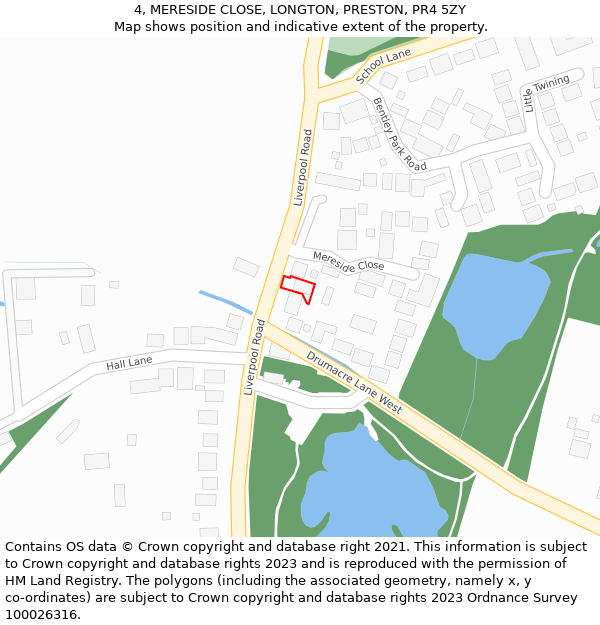 4, MERESIDE CLOSE, LONGTON, PRESTON, PR4 5ZY: Location map and indicative extent of plot