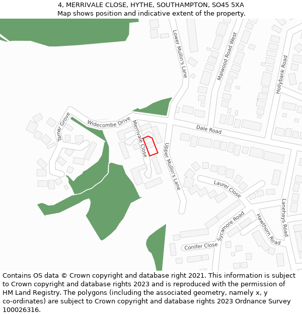 4, MERRIVALE CLOSE, HYTHE, SOUTHAMPTON, SO45 5XA: Location map and indicative extent of plot