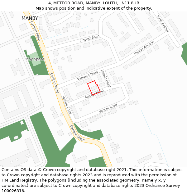 4, METEOR ROAD, MANBY, LOUTH, LN11 8UB: Location map and indicative extent of plot