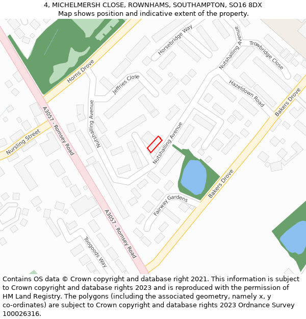 4, MICHELMERSH CLOSE, ROWNHAMS, SOUTHAMPTON, SO16 8DX: Location map and indicative extent of plot