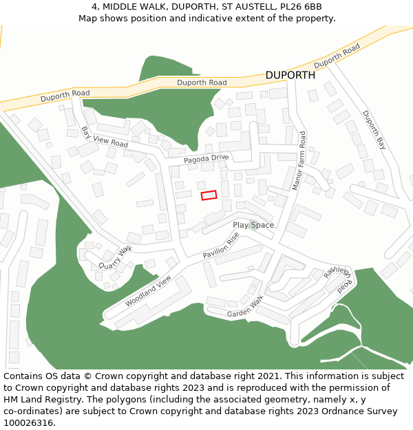 4, MIDDLE WALK, DUPORTH, ST AUSTELL, PL26 6BB: Location map and indicative extent of plot