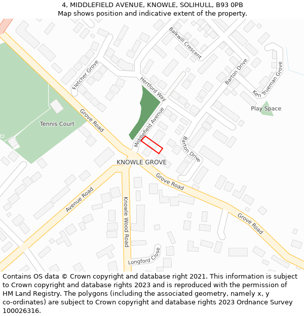 4, MIDDLEFIELD AVENUE, KNOWLE, SOLIHULL, B93 0PB: Location map and indicative extent of plot