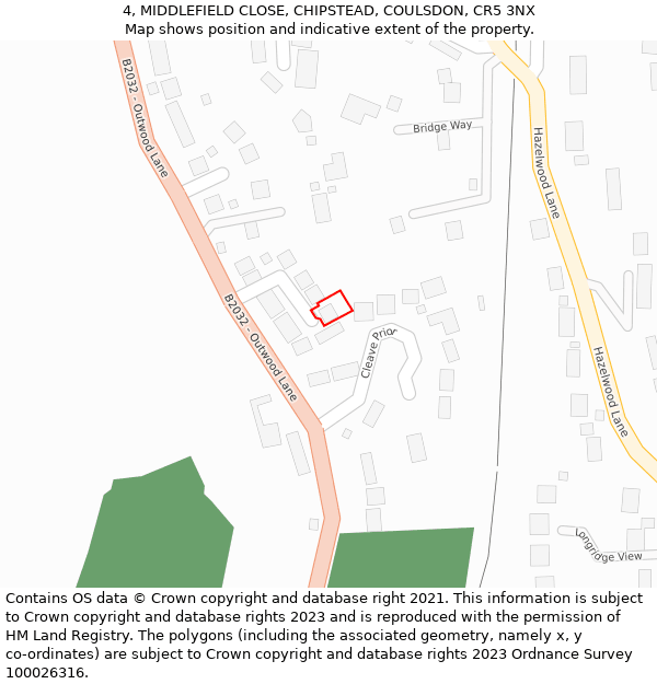 4, MIDDLEFIELD CLOSE, CHIPSTEAD, COULSDON, CR5 3NX: Location map and indicative extent of plot