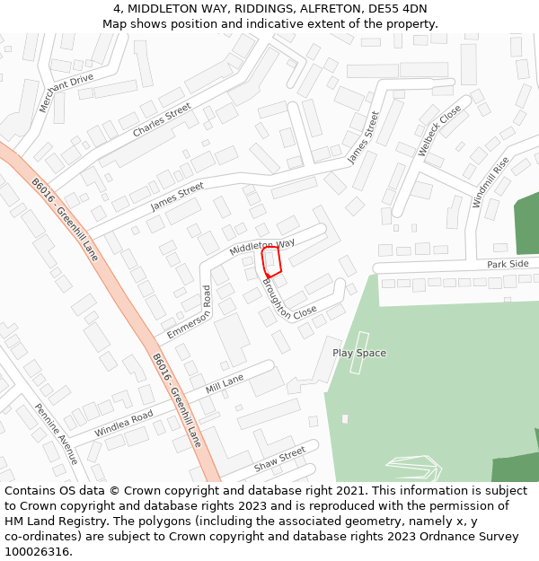 4, MIDDLETON WAY, RIDDINGS, ALFRETON, DE55 4DN: Location map and indicative extent of plot