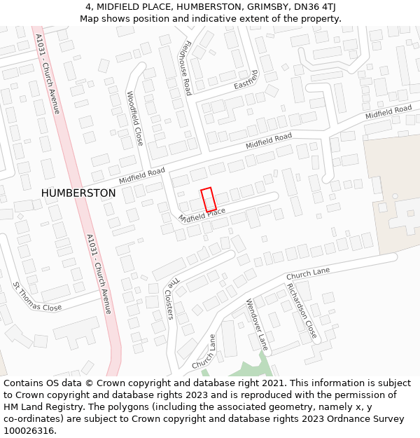 4, MIDFIELD PLACE, HUMBERSTON, GRIMSBY, DN36 4TJ: Location map and indicative extent of plot