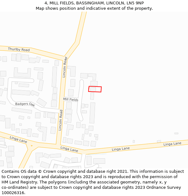 4, MILL FIELDS, BASSINGHAM, LINCOLN, LN5 9NP: Location map and indicative extent of plot