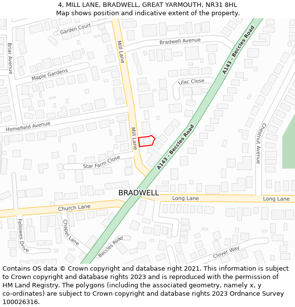 4, MILL LANE, BRADWELL, GREAT YARMOUTH, NR31 8HL: Location map and indicative extent of plot