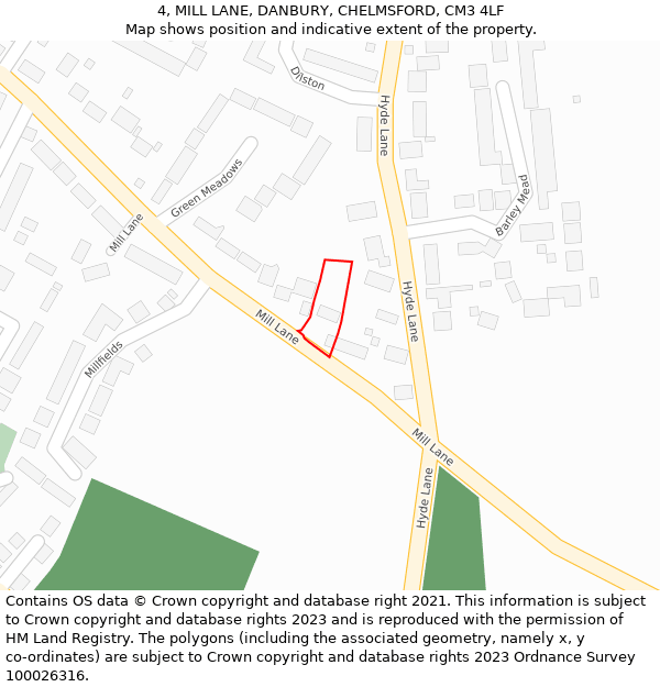 4, MILL LANE, DANBURY, CHELMSFORD, CM3 4LF: Location map and indicative extent of plot