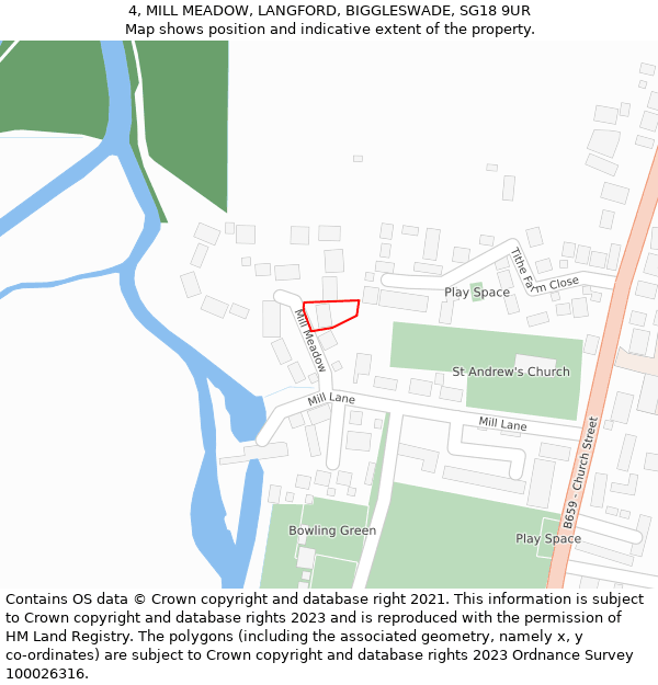 4, MILL MEADOW, LANGFORD, BIGGLESWADE, SG18 9UR: Location map and indicative extent of plot