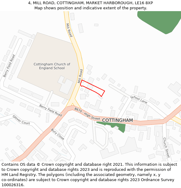 4, MILL ROAD, COTTINGHAM, MARKET HARBOROUGH, LE16 8XP: Location map and indicative extent of plot