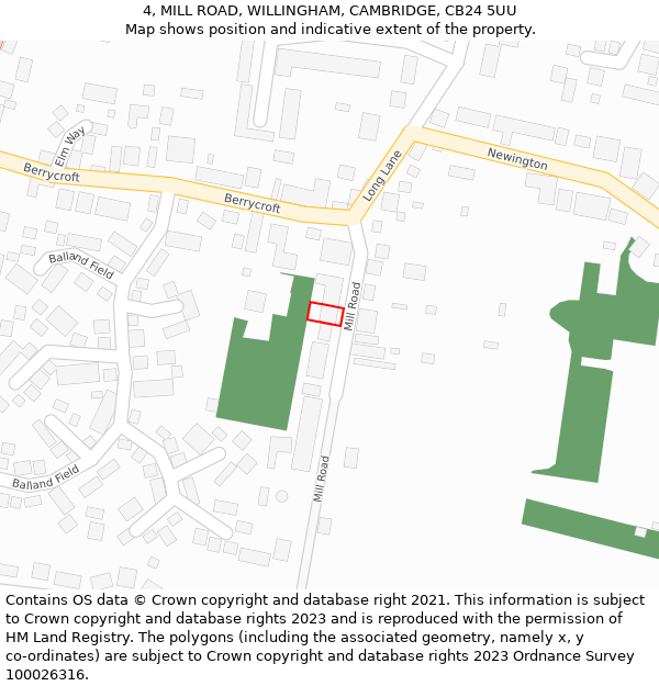 4, MILL ROAD, WILLINGHAM, CAMBRIDGE, CB24 5UU: Location map and indicative extent of plot