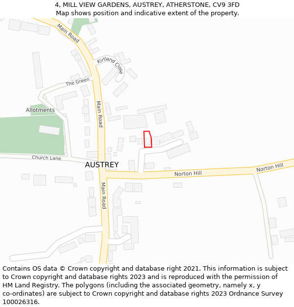 4, MILL VIEW GARDENS, AUSTREY, ATHERSTONE, CV9 3FD: Location map and indicative extent of plot