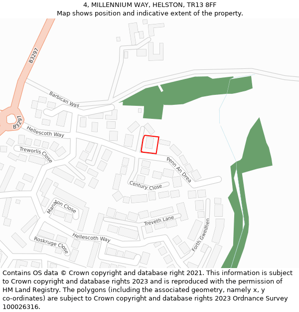 4, MILLENNIUM WAY, HELSTON, TR13 8FF: Location map and indicative extent of plot