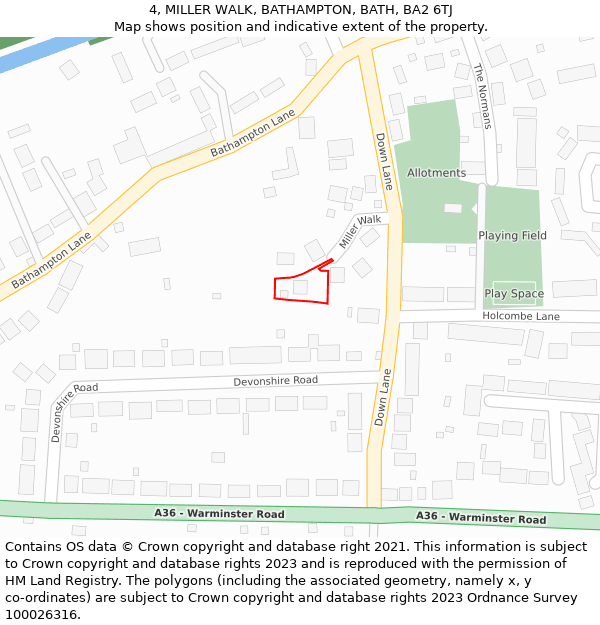 4, MILLER WALK, BATHAMPTON, BATH, BA2 6TJ: Location map and indicative extent of plot