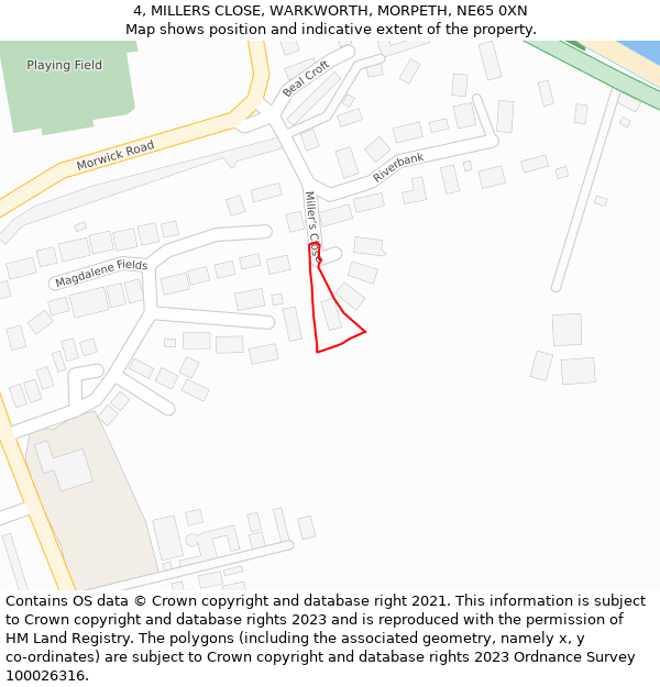 4, MILLERS CLOSE, WARKWORTH, MORPETH, NE65 0XN: Location map and indicative extent of plot